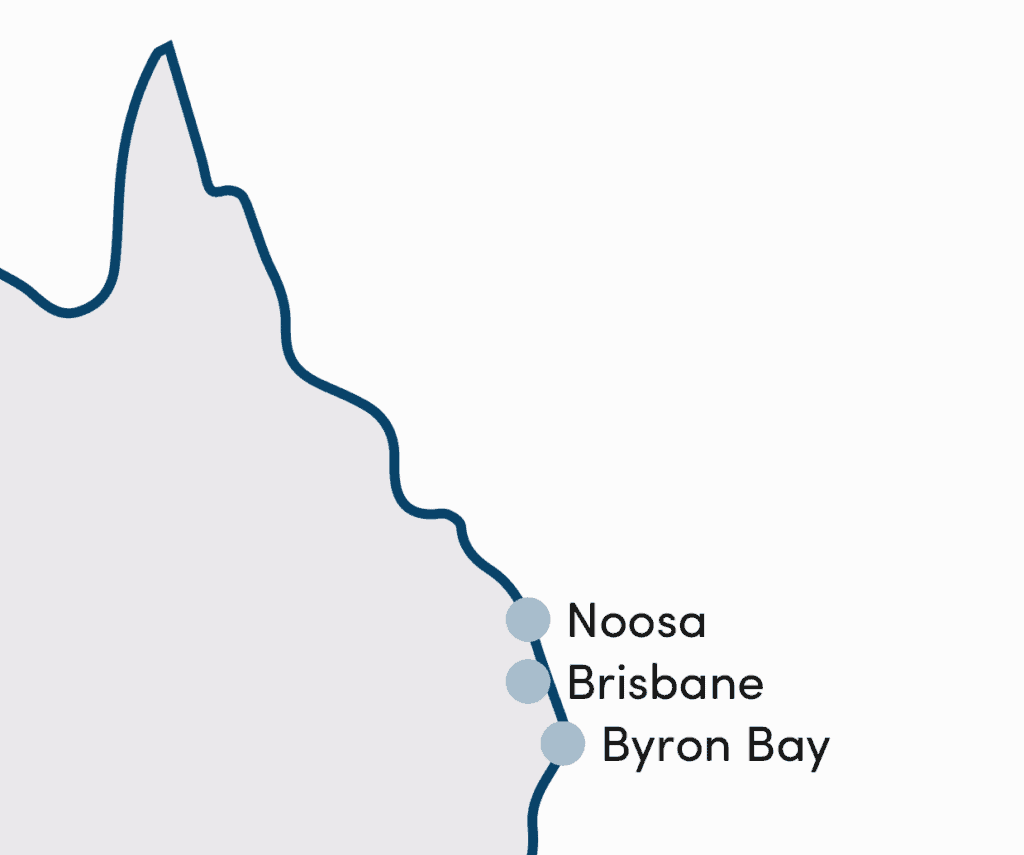 A simple graphic of Queensland, Australia with three dots showing the position of Noosa, Brisbane and Byron Bay; our service range.