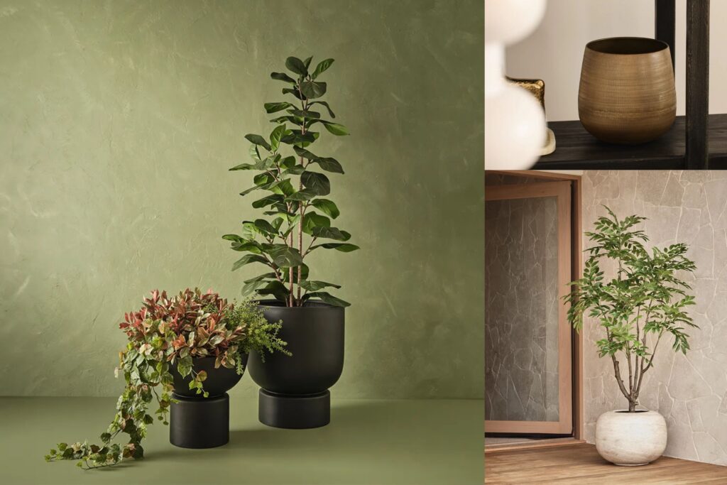 Pot trends 2026 featuring a Pot Foli black from Floral Interiors, Ammi Pot from Indigo Love and Pot Koro Ivory Travertine from Floral Interiors