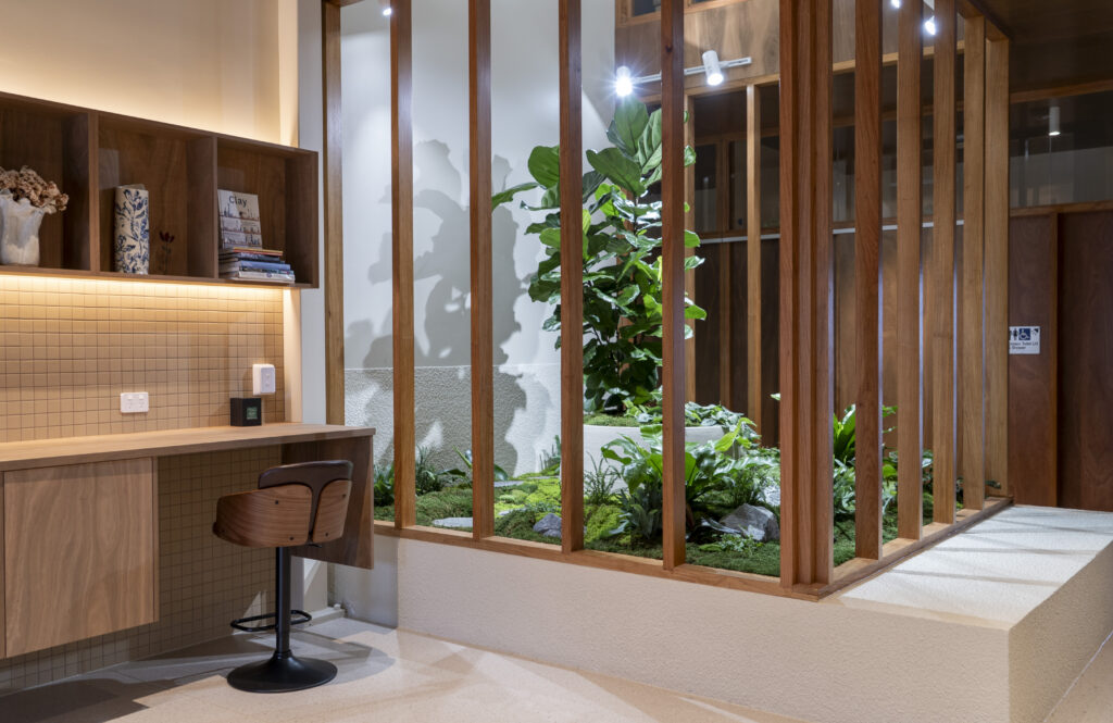 Track lighting above an indoor moss garden framed by timber battens at GDM